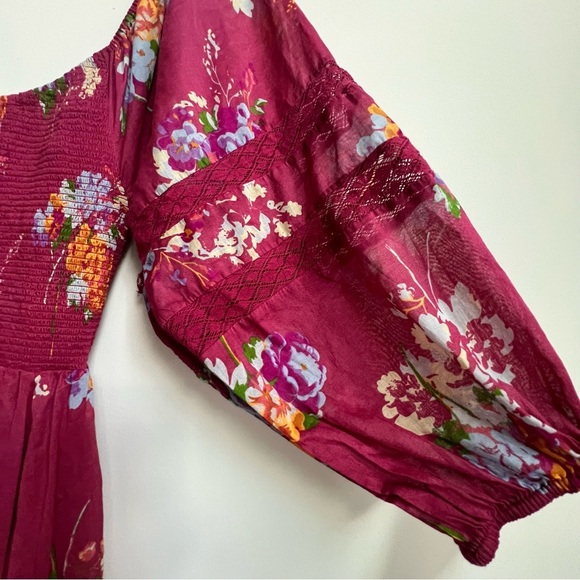 Free People Morning Glory Floral Maxi Dress Earth Red Smocked Handkerchief M - Picture 8 of 14